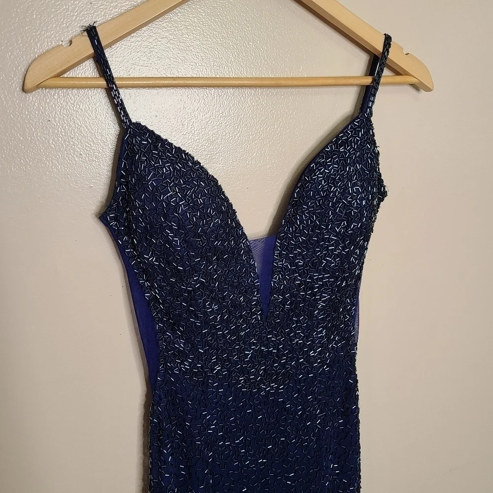 PromGirl Navy Fully Beaded Plunge Neckline Open Back Sleeveless Gown